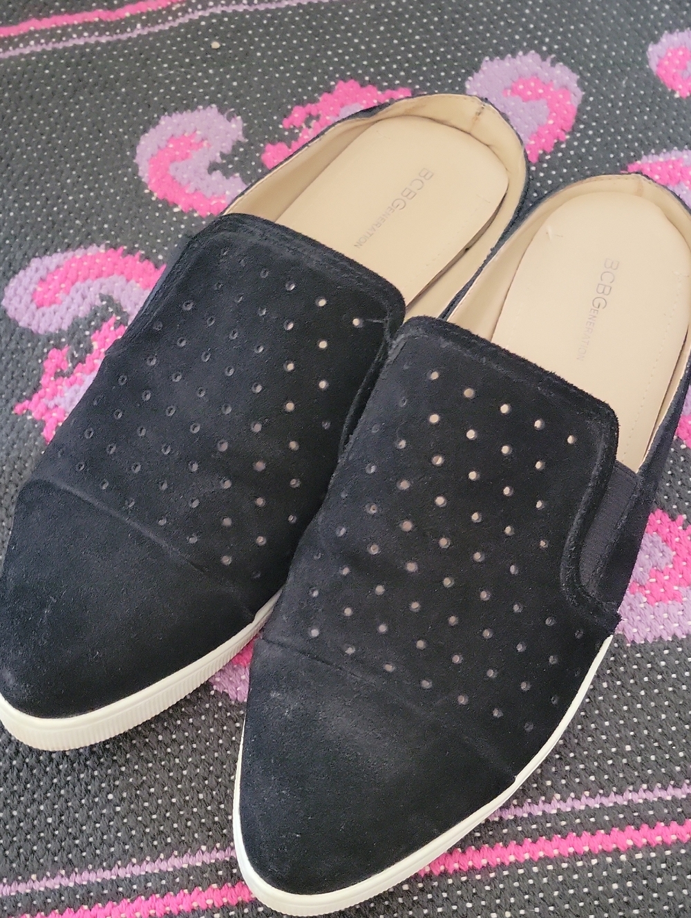 BCBGeneration Black Suede Perforated Slip-On Mules